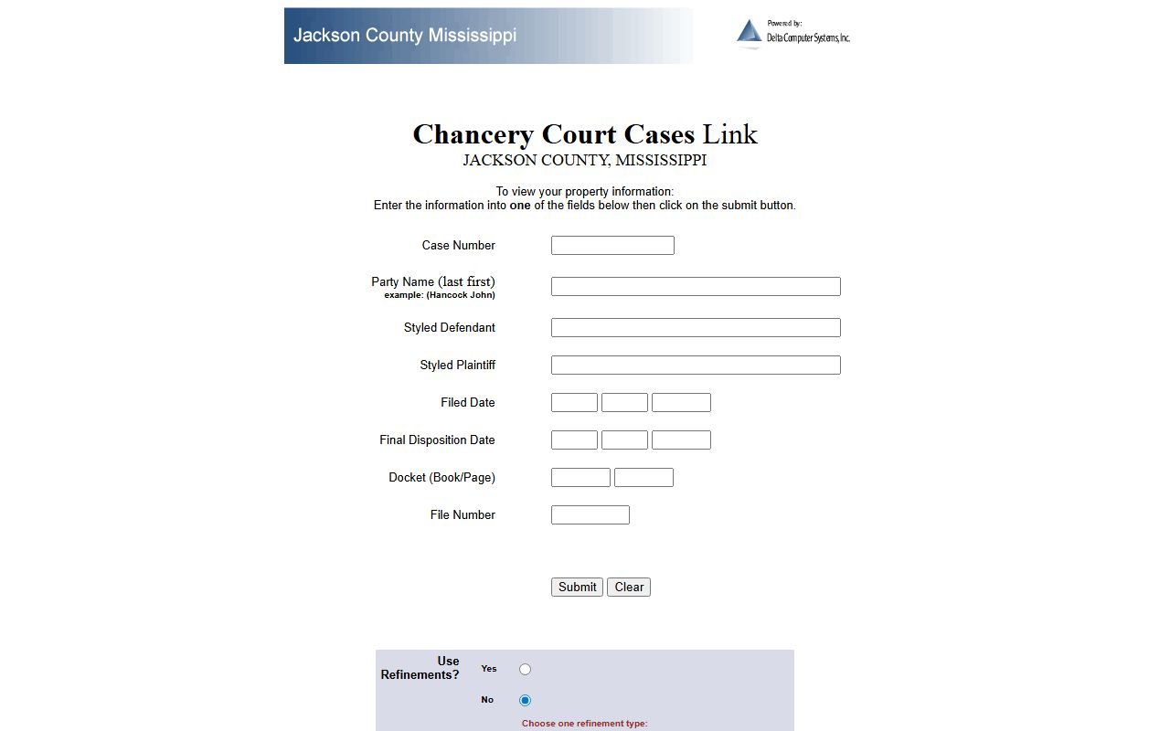 Jackson County Chancery case search fields for case number, party name, dates, docket, and file number