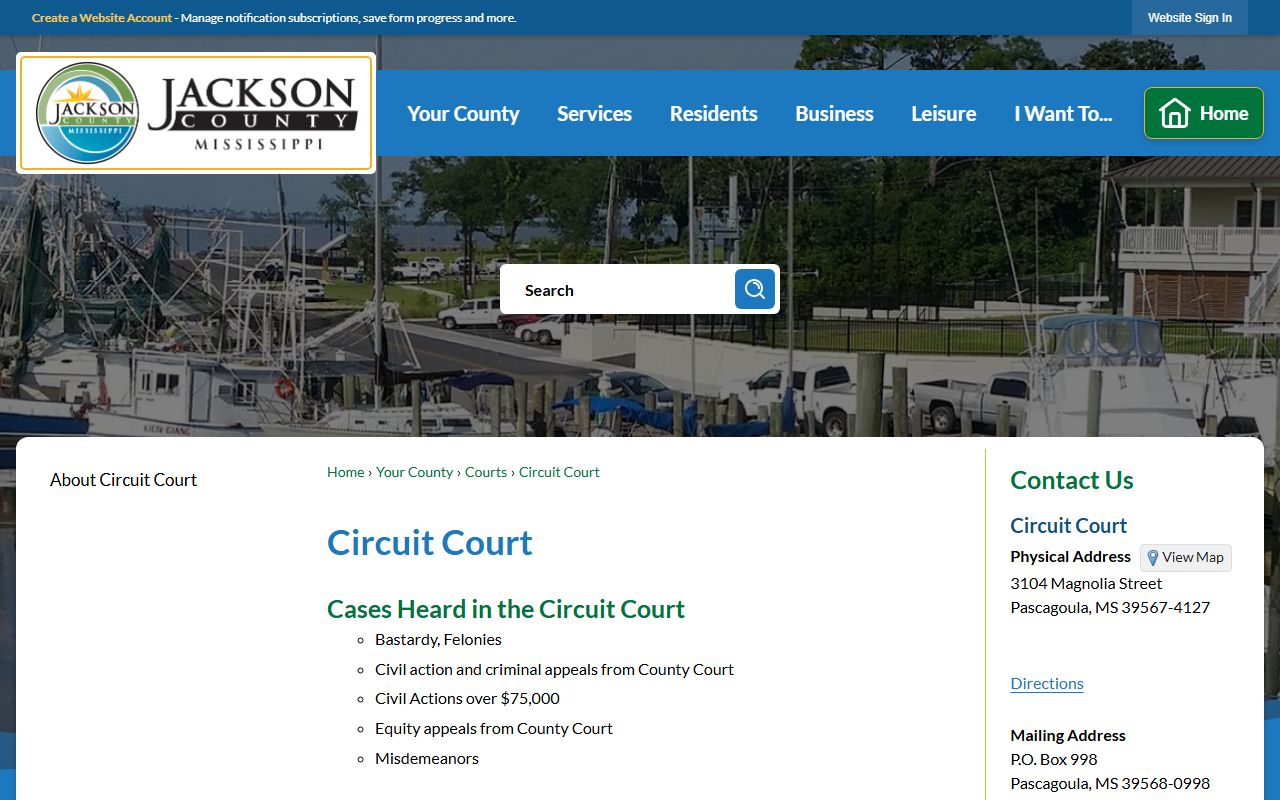 Jackson County Circuit Court page with jurisdiction, judges, court terms, and courthouse address