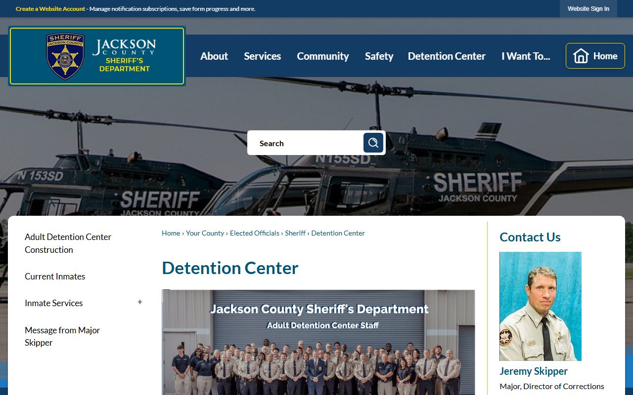 Jackson County Detention Center landing page with inmate service links