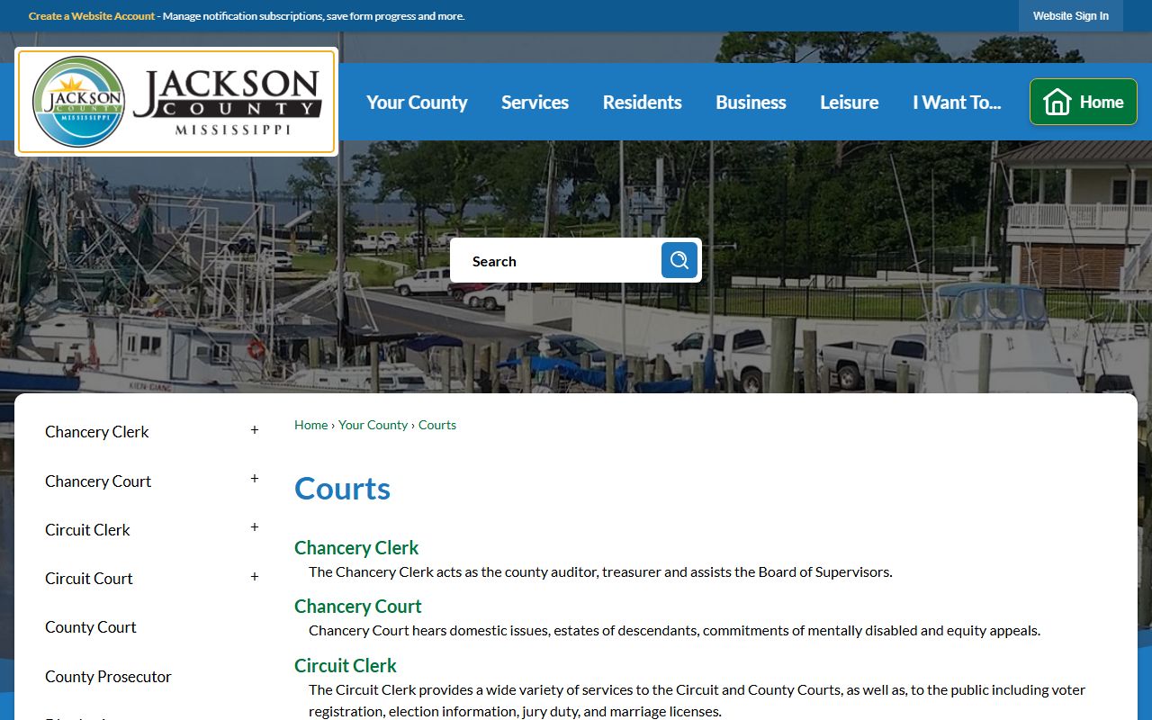 Jackson County courts hub listing court divisions and prosecutor offices