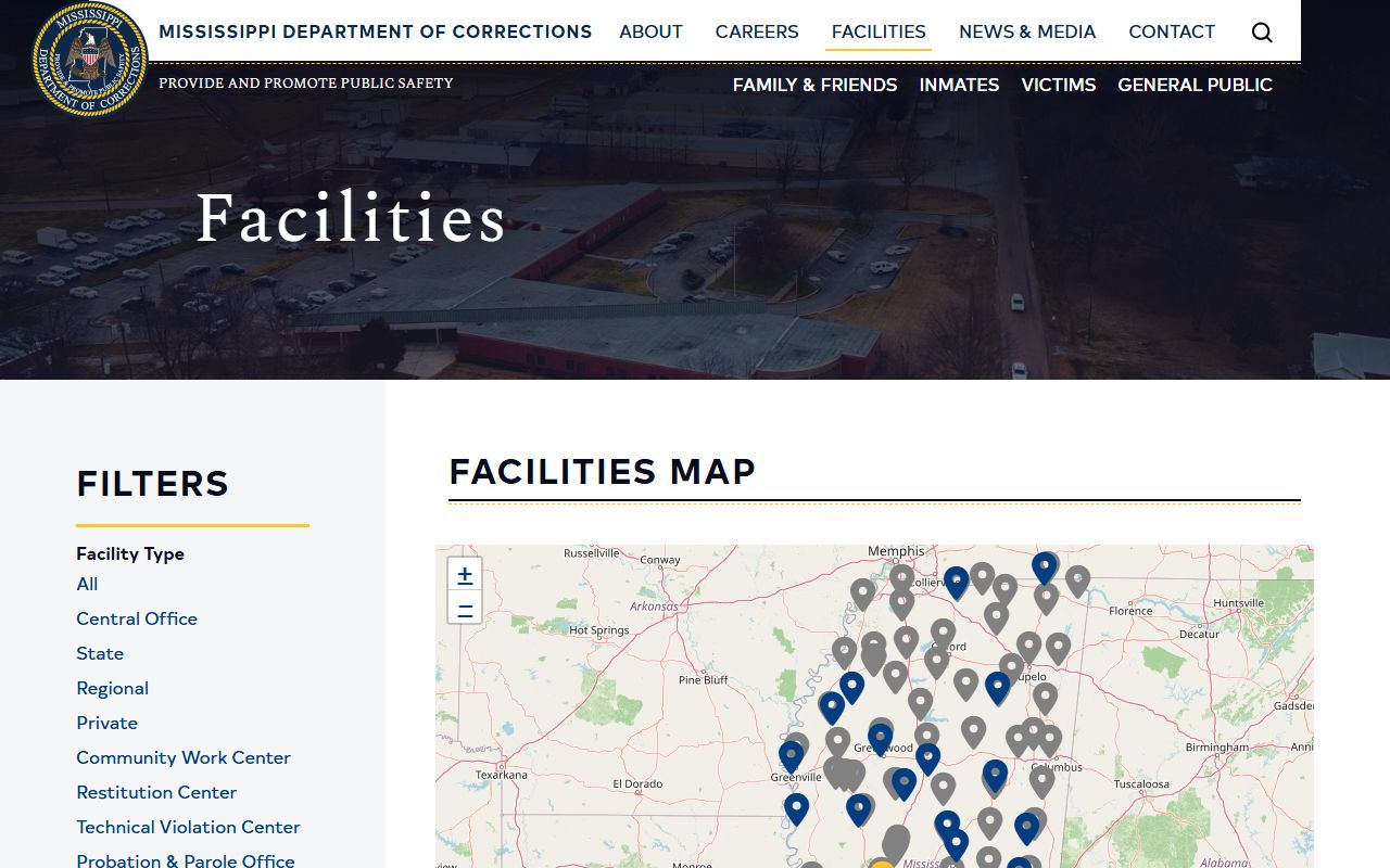MDOC facilities map showing restitution center locations including Pascagoula